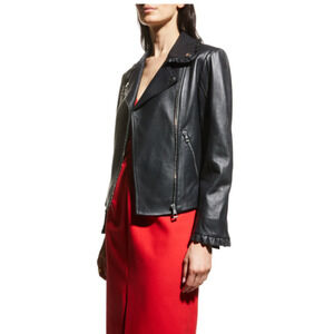 Cinq A Sept BLACK Eloise Leather Moto Biker Ruffle Zip Sleeve Jacket $795 - M
